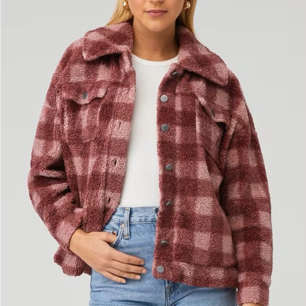 Beach Riot Plaid Sherpa Teddy Jacket in Pink and Cream